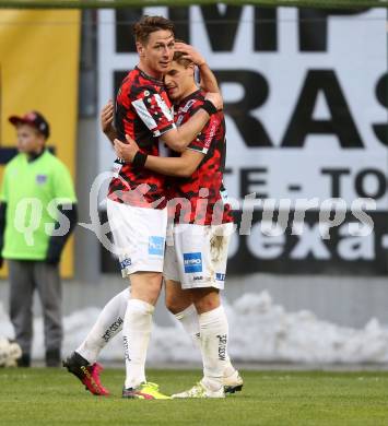 Fussball Sky Go Erste Liga. SK Austria KLagenfurt gegen LASK.  Torjubel Nikola Dovedan, Rene Gartler  (LASK). KLagenfurt, am 29.4.2016. 
Foto: Kuess
---
pressefotos, pressefotografie, kuess, qs, qspictures, sport, bild, bilder, bilddatenbank