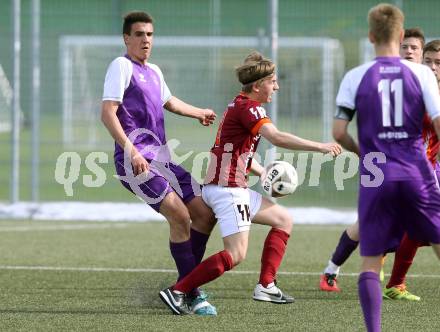 Fussball Unterliga Ost. SK Austria Klagenfurt Amateure gegen Ludmannsdorf.  Ambrozije Soldo, (Klagenfurt), Julian Hobel  (Ludmannsdorf). Klagenfurt, am 30.4.2016.
Foto: Kuess
---
pressefotos, pressefotografie, kuess, qs, qspictures, sport, bild, bilder, bilddatenbank