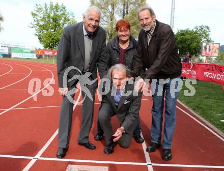 Leichtathletik. 60 Jahr Feier KLC.  Olympiateilnehmer  Elmar Kunauer (100 Meter, 200 Meter), Hans Muchitsch (Zehnkampf), Karoline Kaefer (200 Meter, 400 Meter,  Peter Sternad (Hammerwerfen), . Klagenfurt, am 30.4.2016.
Foto: Kuess
---
pressefotos, pressefotografie, kuess, qs, qspictures, sport, bild, bilder, bilddatenbank