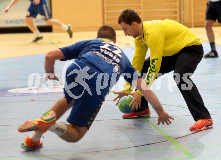 Handball Bundesliga. SC Ferlach gegen St. Poelten. Domen Oslovnik,  (Ferlach), Goran Vuksa (St. Poelten). Ferlach, am 5.5.2016.
Foto: Kuess 
---
pressefotos, pressefotografie, kuess, qs, qspictures, sport, bild, bilder, bilddatenbank