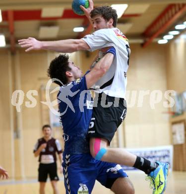 Handball Bundesliga. SC Ferlach gegen St. Poelten. Leander Krobath,  (Ferlach), Alexander Pils (St. Poelten). Ferlach, am 5.5.2016.
Foto: Kuess 
---
pressefotos, pressefotografie, kuess, qs, qspictures, sport, bild, bilder, bilddatenbank