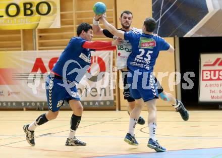 Handball Bundesliga. SC Ferlach gegen St. Poelten. Dean Ppomorisac,  (Ferlach), Andras Nagy, Gunnar Prokop (St. Poelten). Ferlach, am 5.5.2016.
Foto: Kuess 
---
pressefotos, pressefotografie, kuess, qs, qspictures, sport, bild, bilder, bilddatenbank