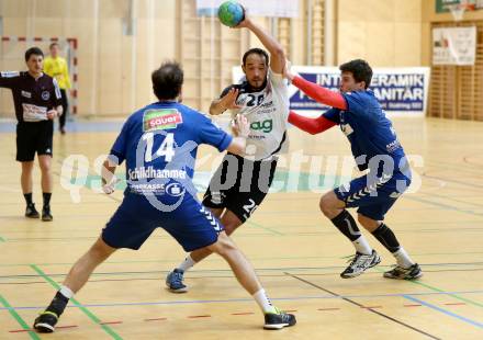 Handball Bundesliga. SC Ferlach gegen St. Poelten. Anis Gatfi, (Ferlach),  Peter Schildhammer, Andras Nagy  (St. Poelten). Ferlach, am 5.5.2016.
Foto: Kuess 
---
pressefotos, pressefotografie, kuess, qs, qspictures, sport, bild, bilder, bilddatenbank