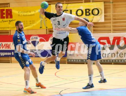 Handball Bundesliga. SC Ferlach gegen St. Poelten. Risto Arnaudovski,  (Ferlach), Gunnar Prokop (St. Poelten). Ferlach, am 5.5.2016.
Foto: Kuess 
---
pressefotos, pressefotografie, kuess, qs, qspictures, sport, bild, bilder, bilddatenbank