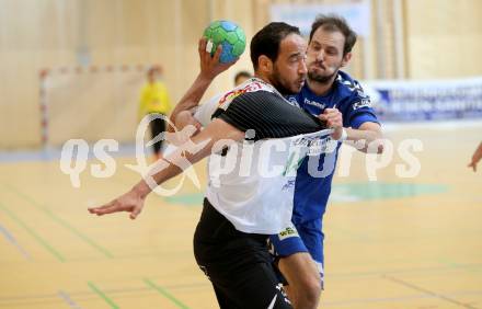 Handball Bundesliga. SC Ferlach gegen St. Poelten. Anis Gatfi, (Ferlach),  Peter Schildhammer  (St. Poelten). Ferlach, am 5.5.2016.
Foto: Kuess 
---
pressefotos, pressefotografie, kuess, qs, qspictures, sport, bild, bilder, bilddatenbank