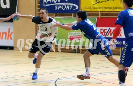 Handball Bundesliga. SC Ferlach gegen St. Poelten. Risto Arnaudovski, (Ferlach),Alexander Pils  (St. Poelten). Ferlach, am 5.5.2016.
Foto: Kuess 
---
pressefotos, pressefotografie, kuess, qs, qspictures, sport, bild, bilder, bilddatenbank