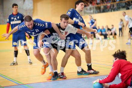 Handball Bundesliga. SC Ferlach gegen St. Poelten. Mario Simic, (Ferlach),  Goran Vuksa, Alexander Pils (St. Poelten). Ferlach, am 5.5.2016.
Foto: Kuess 
---
pressefotos, pressefotografie, kuess, qs, qspictures, sport, bild, bilder, bilddatenbank