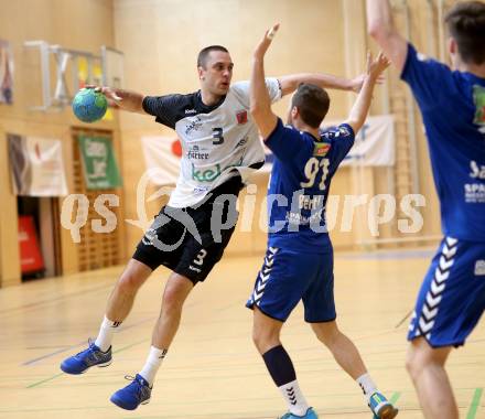 Handball Bundesliga. SC Ferlach gegen St. Poelten. Risto Arnaudovski, (Ferlach), Daniel Bertl  (St. Poelten). Ferlach, am 5.5.2016.
Foto: Kuess 
---
pressefotos, pressefotografie, kuess, qs, qspictures, sport, bild, bilder, bilddatenbank