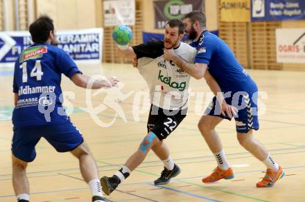 Handball Bundesliga. SC Ferlach gegen St. Poelten. Dean Pomorisac (Ferlach), Goran Vuksa (St. Poelten). Ferlach, am 5.5.2016.
Foto: Kuess 
---
pressefotos, pressefotografie, kuess, qs, qspictures, sport, bild, bilder, bilddatenbank