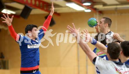 Handball Bundesliga. SC Ferlach gegen St. Poelten. Risto Arnaudovski,  (Ferlach), Andras Nagy (St. Poelten). Ferlach, am 5.5.2016.
Foto: Kuess 
---
pressefotos, pressefotografie, kuess, qs, qspictures, sport, bild, bilder, bilddatenbank