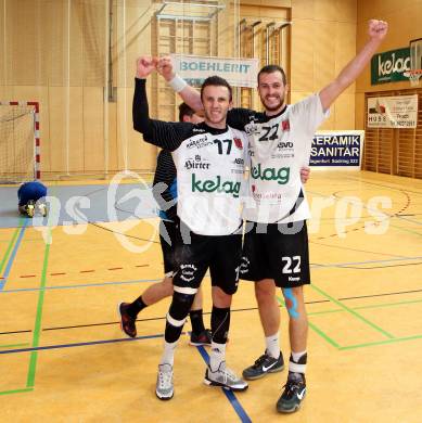 Handball Bundesliga. SC Ferlach gegen St. Poelten. Jubel Izudin Mujanovic, Dean Pomorisac (Ferlach). Ferlach, am 5.5.2016.
Foto: Kuess 
---
pressefotos, pressefotografie, kuess, qs, qspictures, sport, bild, bilder, bilddatenbank