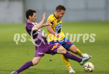 Fussball Sky Go Erste Liga. SK Austria Klagenfurt gegen St. Poelten.  Mirnes Becirovic, (Klagenfurt), Bernd Gschweidl  (St. Poelten). Klagenfurt, am 10.5.2016.
Foto: Kuess
---
pressefotos, pressefotografie, kuess, qs, qspictures, sport, bild, bilder, bilddatenbank