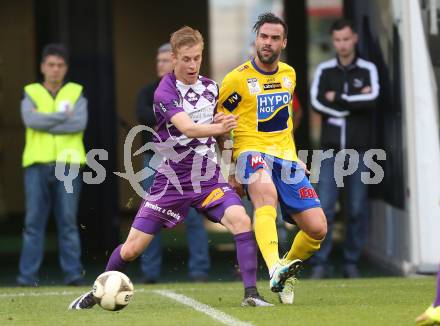 Fussball Sky Go Erste Liga. SK Austria Klagenfurt gegen St. Poelten.  Florian Jaritz, (Klagenfurt), Andreas Dober  (St. Poelten). Klagenfurt, am 10.5.2016.
Foto: Kuess
---
pressefotos, pressefotografie, kuess, qs, qspictures, sport, bild, bilder, bilddatenbank