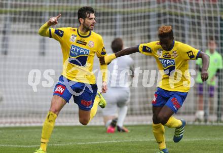 Fussball Sky Go Erste Liga. SK Austria Klagenfurt gegen St. Poelten.  Torjubel Daniel Lucas Segovia, Cheikhou Dieng  (St. Poelten). Klagenfurt, am 10.5.2016.
Foto: Kuess
---
pressefotos, pressefotografie, kuess, qs, qspictures, sport, bild, bilder, bilddatenbank