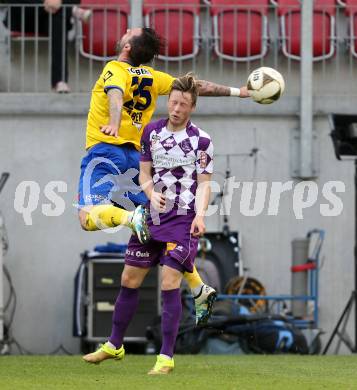 Fussball Sky Go Erste Liga. SK Austria Klagenfurt gegen St. Poelten.  Fabian Miesenboeck, (Klagenfurt), Andreas Dober  (St. Poelten). Klagenfurt, am 10.5.2016.
Foto: Kuess
---
pressefotos, pressefotografie, kuess, qs, qspictures, sport, bild, bilder, bilddatenbank