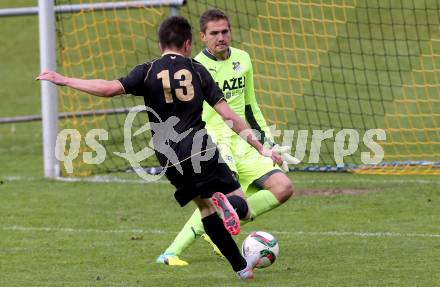 Fussball Kaerntner Liga. Koettmannsdorf gegen Bleiburg. Philipp Gatti,  (Koettmannsdorf), Thomas Poek (Bleiburg). Koettmannsdorf, am 15.5.2016.
Foto: Kuess
---
pressefotos, pressefotografie, kuess, qs, qspictures, sport, bild, bilder, bilddatenbank