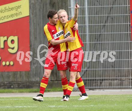 Fussball Kaerntner Liga. ATSV Wolfsberg gegen ATUS Ferlach. Torjubel Marcel Hober, Marcel Maximilian Stoni (Wolfsberg). Wolfsberg, am 25.5.2016.
Foto: Kuess
---
pressefotos, pressefotografie, kuess, qs, qspictures, sport, bild, bilder, bilddatenbank