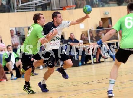 Handball Bundesliga. SC Ferlach gegen HSG Holding Graz. Dean Pomorisac,  (Ferlach), Florian Helmut Spendier (Graz). Ferlach, am 29.5.2016.
Foto: Kuess
---
pressefotos, pressefotografie, kuess, qs, qspictures, sport, bild, bilder, bilddatenbank