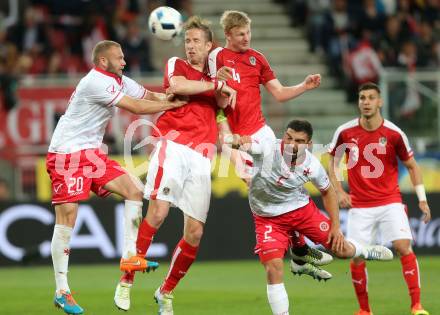 Fussball Laenderspiel Oesterreich gegen Malta. Marc Janko, Martin Hinteregger, (Oesterreich), Clifford Baldacchino, Zach Muscat  (Malta). Woerthersee Stadion KLagenfurt, am 31.5.2016.
Foto: Kuess
---
pressefotos, pressefotografie, kuess, qs, qspictures, sport, bild, bilder, bilddatenbank