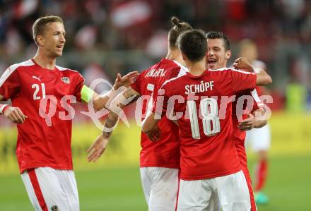 Fussball Laenderspiel Oesterreich gegen Malta. Torjubel Alessandro Schoepf, Marko Arnautovic, Marc janko, Zlatko Junuzovic (Oesterreich). Woerthersee Stadion KLagenfurt, am 31.5.2016.
Foto: Kuess
---
pressefotos, pressefotografie, kuess, qs, qspictures, sport, bild, bilder, bilddatenbank