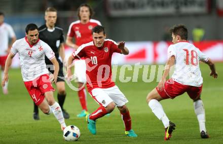 Fussball Laenderspiel Oesterreich gegen Malta. Zlatko Junuzovic, (Oesterreich), Garteh Sciberras, Bjorn Kristensen  (Malta). Woerthersee Stadion KLagenfurt, am 31.5.2016.
Foto: Kuess
---
pressefotos, pressefotografie, kuess, qs, qspictures, sport, bild, bilder, bilddatenbank