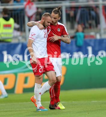 Fussball Laenderspiel Oesterreich gegen Malta. Marko Arnautovic, (Oesterreich), Clifford Baldacchino  (Malta). Woerthersee Stadion KLagenfurt, am 31.5.2016.
Foto: Kuess
---
pressefotos, pressefotografie, kuess, qs, qspictures, sport, bild, bilder, bilddatenbank