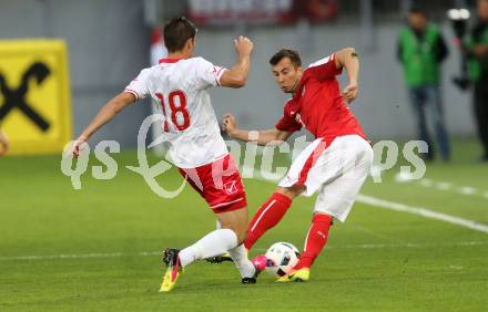 Fussball Laenderspiel Oesterreich gegen Malta. Markus Suttner,  (Oesterreich), Bjorn Kristensen (Malta). Woerthersee Stadion KLagenfurt, am 31.5.2016.
Foto: Kuess
---
pressefotos, pressefotografie, kuess, qs, qspictures, sport, bild, bilder, bilddatenbank