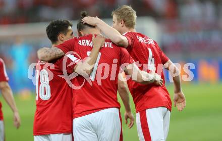 Fussball Laenderspiel Oesterreich gegen Malta. Torjubel Alessandro Schoepf, Marko Arnautovic, Martin Hinteregger (Oesterreich). Woerthersee Stadion KLagenfurt, am 31.5.2016.
Foto: Kuess
---
pressefotos, pressefotografie, kuess, qs, qspictures, sport, bild, bilder, bilddatenbank