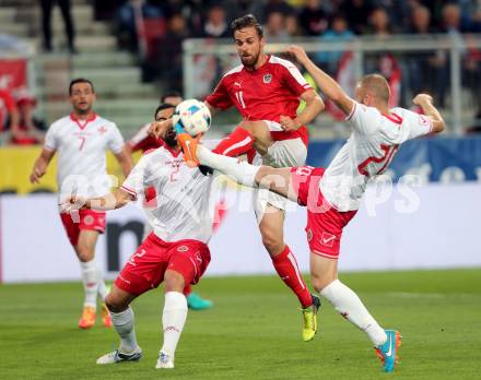 Fussball Laenderspiel Oesterreich gegen Malta. Martin Harnik,  (Oesterreich), Zach Muscat, Clifford Baldacchino (Malta). Woerthersee Stadion KLagenfurt, am 31.5.2016.
Foto: Kuess
---
pressefotos, pressefotografie, kuess, qs, qspictures, sport, bild, bilder, bilddatenbank