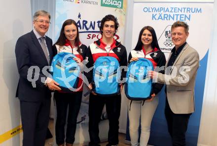 Olympia Zentrum Kaernten. Teilnehmer an den Youth Olympic Games (Jugend Winterspiele). Landeshauptmann Peter Kaiser  Anna Juppe, Moritz Opetnik, Nadine Fest,  Arno Arthofer. Klagenfurt, am 3.2.2016.
Foto: Kuess
---
pressefotos, pressefotografie, kuess, qs, qspictures, sport, bild, bilder, bilddatenbank