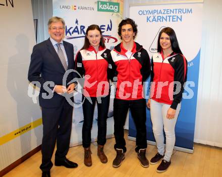 Olympia Zentrum Kaernten. Teilnehmer an den Youth Olympic Games (Jugend Winterspiele). Landeshauptmann Peter Kaiser, Anna Juppe, Moritz Opetnik, Nadine Fest, . Klagenfurt, am 3.2.2016.
Foto: Kuess
---
pressefotos, pressefotografie, kuess, qs, qspictures, sport, bild, bilder, bilddatenbank