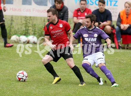 Fussball Kaerntner Liga. Maria Saal gegen Globasnitz. Zoran Jorgic, (Maria Saal), Patrick Laschkolnig  (Globasnitz). Maria Saal, am 11.6.2016.
Foto: Kuess
---
pressefotos, pressefotografie, kuess, qs, qspictures, sport, bild, bilder, bilddatenbank