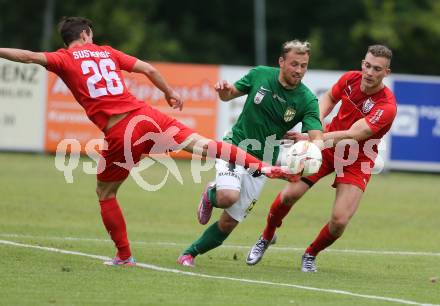 Fussball OEFB Cup. 1. Runde. ATUS Ferlach gegen Austria Lustenau. Martin Sustersic, Martin Posratschnig, (Ferlach), Julian Klaus Wiessmeier   (Lustenau). Ferlach, am 16.7.2016.
Foto: Kuess
---
pressefotos, pressefotografie, kuess, qs, qspictures, sport, bild, bilder, bilddatenbank