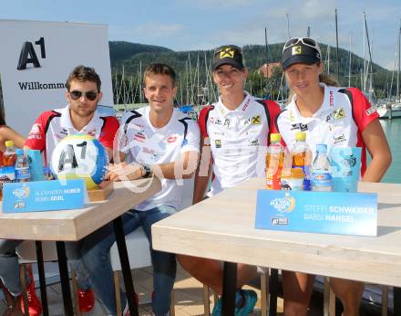 Beach Volleyball Major Series,  Pressekonferenz. Robin Seidl, Alexander Huber, Stefanie Schwaiger, Barbara Hansel. Klagenfurt, 26.7.2016.
Foto: Kuess
---
pressefotos, pressefotografie, kuess, qs, qspictures, sport, bild, bilder, bilddatenbank