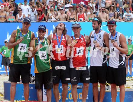 Beachvolleyball. Beach Volleyball Major Series. Gustavo CARVALHAES, Saymon BARBOSA SANTOS (BRA),  Aleksandrs SAMOILOVS, Janis SMEDINS (LAT),  Chaim SCHALK, Ben SAXTON (CAN). Klagenfurt, 31.7.2016.
Foto: Kuess


---
pressefotos, pressefotografie, kuess, qs, qspictures, sport, bild, bilder, bilddatenbank