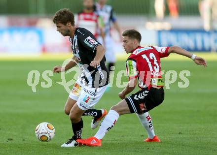 Fussball tipico Bundesliga. RZ Pellets WAC gegen SV Guntamatic Ried.  Boris Huettenbrenner,  (WAC), Michael Brandner (Ried). Lavanttal Arena Wolfsberg, am 6.8.2016.
Foto: Kuess
---
pressefotos, pressefotografie, kuess, qs, qspictures, sport, bild, bilder, bilddatenbank