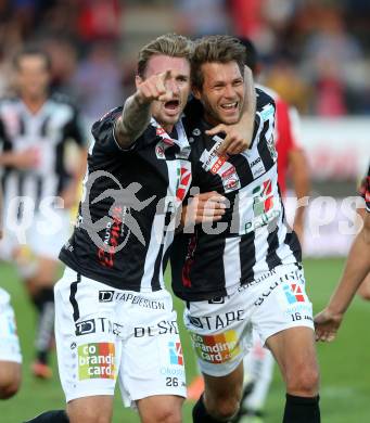 Fussball tipico Bundesliga. RZ Pellets WAC gegen SV Guntamatic Ried.  Torjubel Boris Huettenbrenner, Michael Sollbauer,  (WAC). Lavanttal Arena Wolfsberg, am 6.8.2016.
Foto: Kuess
---
pressefotos, pressefotografie, kuess, qs, qspictures, sport, bild, bilder, bilddatenbank