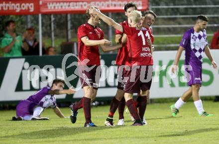 Fussball. Regionalliga. ATSV Wolfsberg gegen SK Austria Klagenfurt.  Torjubel Marcel Stoni, Patrick Pfennich (Wolfsberg). Wolfsberg, 5.8.2016.
Foto: Kuess 
---
pressefotos, pressefotografie, kuess, qs, qspictures, sport, bild, bilder, bilddatenbank