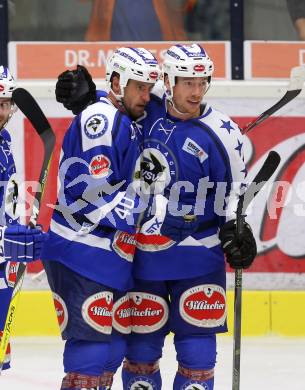 EBEL. Eishockey Bundesliga. Testspiel. VSV gegen Graz 99ers. Torjubel Michael Grabner, Michael Raffl (VSV). Villach, am 19.8.2016.
Foto: Kuess
---
pressefotos, pressefotografie, kuess, qs, qspictures, sport, bild, bilder, bilddatenbank