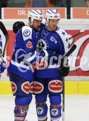 EBEL. Eishockey Bundesliga. Testspiel. VSV gegen Graz 99ers. Torjubel Michael Grabner, Michael Raffl (VSV). Villach, am 19.8.2016.
Foto: Kuess
---
pressefotos, pressefotografie, kuess, qs, qspictures, sport, bild, bilder, bilddatenbank