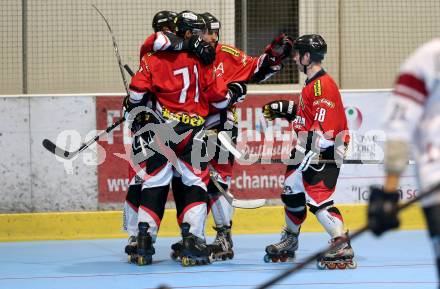 Inline-Hockey WM-Qualifikations-Turnier. Oesterreich gegen Lettland.  Torjubel Oesterreich. Steindorf, am 25.6.2016.
Foto: Kuess
---
pressefotos, pressefotografie, kuess, qs, qspictures, sport, bild, bilder, bilddatenbank