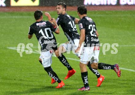 Fussball tipico Bundesliga. RZ Pellets WAC gegen SK Rapid Wien. Torjubel Philipp Prosenik, Daniel Offenbacher, Joachim Standfest (WAC). Lavanttal Arena Wolfsberg, am 21.8.2016.
Foto: Kuess
---
pressefotos, pressefotografie, kuess, qs, qspictures, sport, bild, bilder, bilddatenbank