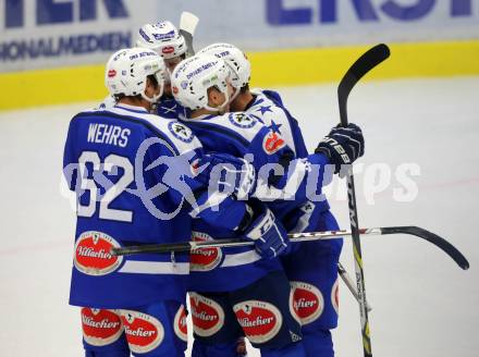 Eishockey Testspiel. VSV gegen Riessersee. Torjubel Daniel Nageler, Florian Kucher, Brock McBride, Kevin Wehrs  (VSV). Villach, 26.8.2016.
Foto: Kuess
---
pressefotos, pressefotografie, kuess, qs, qspictures, sport, bild, bilder, bilddatenbank