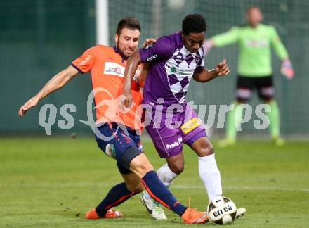 Fussball Regionalliga. SK Austria Klagenfurt gegen Deutschlandsberg.  Sandro Jose Da Silva,  (Klagenfurt),  Levin Oparenovic  (Deutschlandsberg). Klagenfurt, am 2.9.2016.
Foto: Kuess
---
pressefotos, pressefotografie, kuess, qs, qspictures, sport, bild, bilder, bilddatenbank