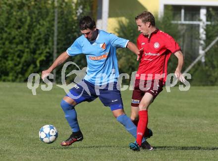 Fussball Kaerntner Liga. Lind gegen Eberstein. Lukas Gritschacher, (Lind),  Harald Stark (Eberstein). Lind im Drautal, am 3.9.2016.
Foto: Kuess
---
pressefotos, pressefotografie, kuess, qs, qspictures, sport, bild, bilder, bilddatenbank