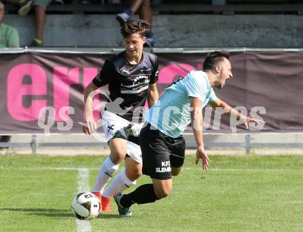 Fussball Kaerntner Liga. Annabichler SV gegen Gmuend. Vahid Muharemovic,  (ASV), Philipp Straganz (Gmuend). Annabichl, am 4.9.2016.
Foto: Kuess
---
pressefotos, pressefotografie, kuess, qs, qspictures, sport, bild, bilder, bilddatenbank