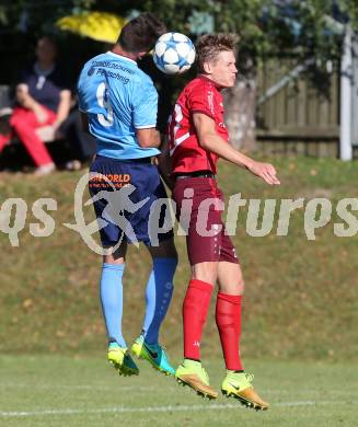 Fussball Kaerntner Liga. Lind gegen Eberstein. Sven Unterguggenberger,  (Lind), Elias Nicolas Hant (Eberstein). Lind im Drautal, am 3.9.2016.
Foto: Kuess
---
pressefotos, pressefotografie, kuess, qs, qspictures, sport, bild, bilder, bilddatenbank