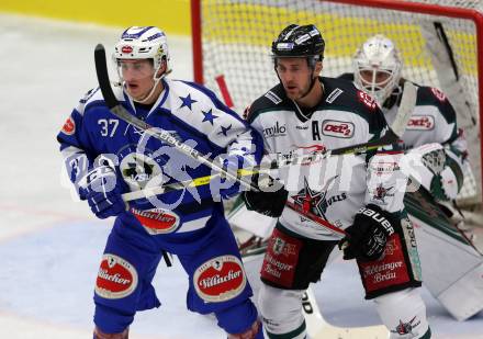 Eishockey testspiel. VSV gegen Starbulls Rosenheim. Christoph Kromp,  (VSV), Michael Rohner (Rosenheim). Villach, am 9.9.2016.
Foto: Kuess
---
pressefotos, pressefotografie, kuess, qs, qspictures, sport, bild, bilder, bilddatenbank