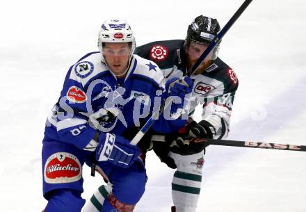 Eishockey testspiel. VSV gegen Starbulls Rosenheim. Corey Locke,  (VSV), Tyler McNeely (Rosenheim). Villach, am 9.9.2016.
Foto: Kuess
---
pressefotos, pressefotografie, kuess, qs, qspictures, sport, bild, bilder, bilddatenbank