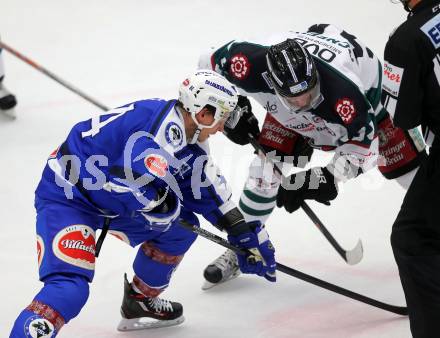 Eishockey testspiel. VSV gegen Starbulls Rosenheim. Corey Locke,  (VSV), Tyler McNeely (Rosenheim). Villach, am 9.9.2016.
Foto: Kuess
---
pressefotos, pressefotografie, kuess, qs, qspictures, sport, bild, bilder, bilddatenbank